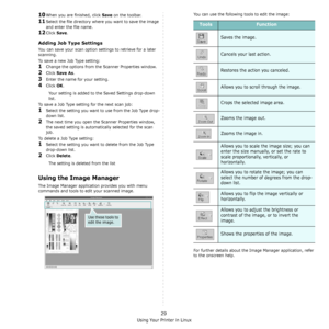 Page 134Using Your Printer in Linux
29
10When you are finished, click Save on the toolbar.
11Select the file directory where you want to save the image 
and enter the file name. 
12Click Save.
Adding Job Type Settings
You can save your scan option settings to retrieve for a later 
scanning.
To save a new Job Type setting:
1Change the options from the Scanner Properties window.
2Click Save As.
3Enter the name for your setting.
4Click OK. 
Your setting is added to the Saved Settings drop-down 
list.
To save a Job...