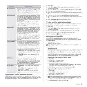 Page 49Faxing | 49
Changing the default document settings
The fax options, including resolution and darkness, can be set to the most 
frequently used modes. When you send a fax, the default settings are used 
if they are not changed by using the corresponding button and menu.1.Press Fax.
2.Press Menu () until Fax Setup appears on the bottom line of the 
display and press OK.
3.Press the left/right arrow until Change Default appears and press OK.
4.Press OK when Resolution appears.
5.Press the left/right arrow...