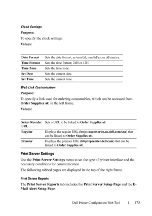 Page 177Dell Printer Configuration Web Tool175
Clock Settings
Purpose:
To specify the clock settings.
Va l u e s :
Web Link Customization
Purpose:
To specify a link used for ordering consumables, which can be accessed from 
Order Supplies at: in the left frame.
Va l u e s :
Print Server Settings
Use the Print Server Settings menu to set the type of printer interface and the 
necessary conditions for communication.
The following tabbed pages are displayed in the top of the right frame.
Print Server Reports
The...