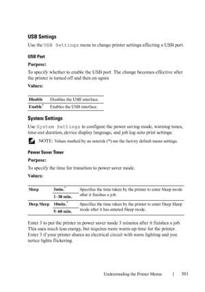 Page 303Understanding the Printer Menus301
USB Settings
Use the USB Settings menu to change printer settings affecting a USB port.
USB Port
Purpose:
To specify whether to enable the USB port. The change becomes effective after 
the printer is turned off and then on again.
Va l u e s :
System Settings
Use System Settings to configure the power saving mode, warning tones, 
time-out duration, device display language, and job log auto print settings. 
 NOTE: Values marked by an asterisk (*) are the factory default...