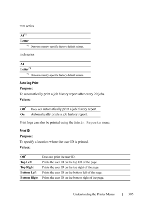 Page 307Understanding the Printer Menus305
mm series
inch series
Auto Log Print
Purpose:
To automatically print a job history report after every 20 jobs.
Va l u e s :
Print logs can also be printed using the Admin Reports menu.
Print ID
Purpose:
To specify a location where the user ID is printed. 
Va l u e s :
A4*1
Letter
*1Denotes country-specific factory default values.
A4
Letter
*1
*1Denotes country-specific factory default values.
Off*Does not automatically print a job history report.
On
Automatically prints...