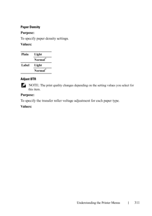 Page 313Understanding the Printer Menus311
Paper Density
Purpose:
To specify paper density settings.
Va l u e s :
Adjust BTR
 NOTE: The print quality changes depending on the setting values you select for 
this item.
Purpose:
To specify the transfer roller voltage adjustment for each paper type.
Va l u e s :
Plain Light
Normal
*
Label Light
Normal
*
 