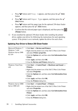 Page 5250Installing Optional Accessories
cPress   button until Tray 2 appears, and then press the  (Set) 
button.
dPress   button until Paper Type appears, and then press the  
(Set)
 button.
ePress   button until the paper type for the optional 250-sheet feeder 
appears, and then press the 
 (Set) button.
fConfirm that the selected paper type is displayed, and then press the   
(Menu) button.
12If you installed the optional 250-sheet feeder after installing the printer 
driver, update your driver by following...