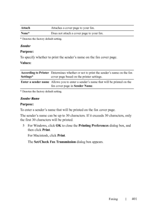 Page 403Faxing401
FILE LOCATION:  C:\Users\fxstdpc-
admin\Desktop\30_UG??\Mioga_AIO_UG_FM\Mioga_AIO_UG_FM\section20.fm
DELL CONFIDENTIAL – PRELIMINARY 9/13/10 - FOR PROOF ONLY * Denotes the factory default setting.
Sender
Purpose:
To specify whether to print the sender’s name on the fax cover page.
Va l u e s :
* Denotes the factory default setting.
Sender Name
Purpose:
To enter a sender’s name that will be printed on the fax cover page.
The sender’s name can be up to 30 characters. If it exceeds 30 characters,...