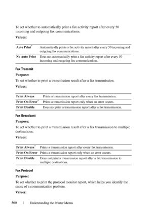 Page 502500Understanding the Printer Menus
To set whether to automatically print a fax activity report after every 50 
incoming and outgoing fax communications.
Va l u e s :
Fax Transmit
Purpose:
To set whether to print a transmission result after a fax transmission.
Va l u e s :
Fax Broadcast
Purpose:
To set whether to print a transmission result after a fax transmission to multiple 
destinations.
Va l u e s :
Fax Protocol
Purpose:
To set whether to print the protocol monitor report, which helps you identify...