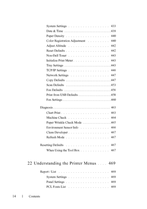 Page 16FILE LOCATION:  
C:\Users\fxstdpc-admin\Desktop\30_UG??\Mioga_AIO_UG_FM\Mioga_AIO
_UG_FM\Mioga-AIO-UGTOC.fm
14Contents
System Settings . . . . . . . . . . . . . . . . .  433
Date & Time  . . . . . . . . . . . . . . . . . . . . . . . . . . . . . .439
Paper Density
 . . . . . . . . . . . . . . . . . .  440
Color Registration Adjustment
 . . . . . . . . .  440
Adjust Altitude
 . . . . . . . . . . . . . . . . .  442
Reset Defaults
. . . . . . . . . . . . . . . . . .  442
Non-Dell Toner
 . . . . . . . . . . ....