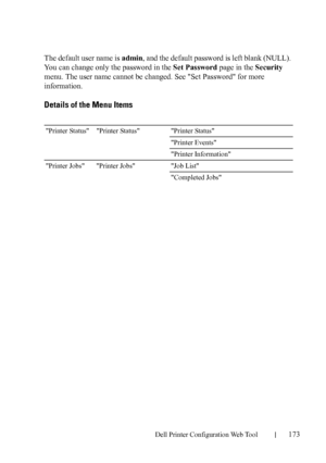 Page 175Dell Printer Configuration Web Tool173
The default user name is admin, and the default password is left blank (NULL). 
You can change only the password in the Set Password page in the Security 
menu. The user name cannot be changed. See Set Password for more 
information.
Details of the Menu Items
Printer Status Printer Status Printer Status
Printer Events
Printer Information
Printer Jobs Printer Jobs Job List
Completed Jobs
 