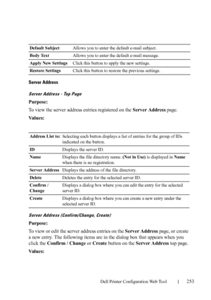 Page 255Dell Printer Configuration Web Tool253
Server Address
Server Address - Top Page
Purpose:
To view the server address entries registered on the Server Address page.
Va l u e s :
Server Address (Confirm/Change, Create)
Purpose:
To view or edit the server address entries on the Server Address page, or create 
a new entry. The following items are in the dialog box that appears when you 
click the Confirm / Change or Create button on the Server Address top page.
Va l u e s :
Default SubjectAllows you to enter...