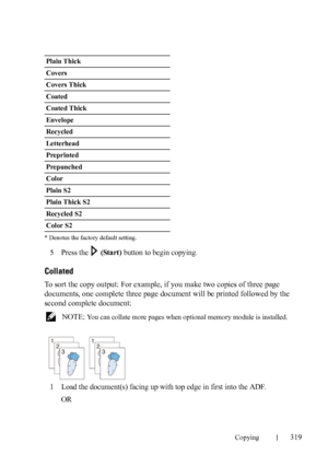 Page 321Copying319
FILE LOCATION:  C:\Users\fxstdpc-
admin\Desktop\30_UG??\Mioga_AIO_UG_FM\Mioga_AIO_UG_FM\section18.fm
DELL CONFIDENTIAL – PRELIMINARY 9/13/10 - FOR PROOF ONLY * Denotes the factory default setting.
5Press the   (Start) button to begin copying.
Collated
To sort the copy output: For example, if you make two copies of three page 
documents, one complete three page document will be printed followed by the 
second complete document:
 NOTE: You can collate more pages when optional memory module is...