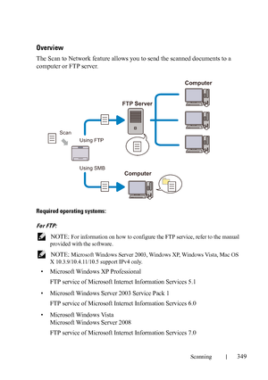 Page 351Scanning349
FILE LOCATION:  C:\Users\fxstdpc-
admin\Desktop\30_UG??\Mioga_AIO_UG_FM\Mioga_AIO_UG_FM\section19.fm
DELL CONFIDENTIAL – PRELIMINARY 9/13/10 - FOR PROOF ONLY
Overview
The Scan to Network feature allows you to send the scanned documents to a 
computer or FTP server.
Required operating systems:
For FTP:
 NOTE: For information on how to configure the FTP service, refer to the manual 
provided with the software.
 
NOTE: Microsoft Windows Server 2003, Windows XP, Windows Vista, Mac OS 
X...