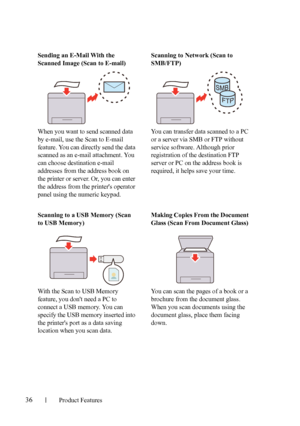 Page 3836Product Features
FILE LOCATION:  C:\Users\fxstdpc-
admin\Desktop\30_UG??\Mioga_AIO_UG_FM\Mioga_AIO_UG_FM\section03.fm
DELL CONFIDENTIAL – PRELIMINARY 9/13/10 - FOR PROOF ONLY
Sending an E-Mail With the 
Scanned Image (Scan to E-mail)
When you want to send scanned data 
by e-mail, use the Scan to E-mail 
feature. You can directly send the data 
scanned as an e-mail attachment. You 
can choose destination e-mail 
addresses from the address book on 
the printer or server. Or, you can enter 
the address...