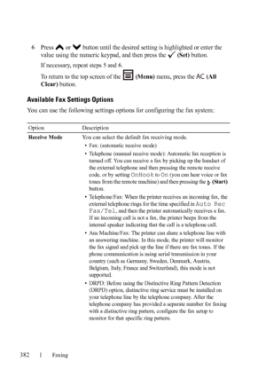 Page 384382Faxing
FILE LOCATION:  C:\Users\fxstdpc-
admin\Desktop\30_UG??\Mioga_AIO_UG_FM\Mioga_AIO_UG_FM\section20.fm
DELL CONFIDENTIAL – PRELIMINARY 9/13/10 - FOR PROOF ONLY
6Press   or   button until the desired setting is highlighted or enter the 
value using the numeric keypad, and then press the   
(Set) button.
If necessary, repeat steps 5 and 6.
To return to the top screen of the   
(Menu) menu, press the   (All 
Clear)
 button.
Available Fax Settings Options
You can use the following settings options...