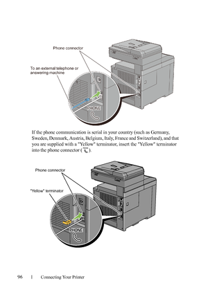 Page 9896Connecting Your Printer
If the phone communication is serial in your country (such as Germany, 
Sweden, Denmark, Austria, Belgium, Italy, France and Switzerland), and that 
you are supplied with a Yellow terminator, insert the Yellow terminator 
into the phone connector ( ).
Phone connector
Yellow terminator
 