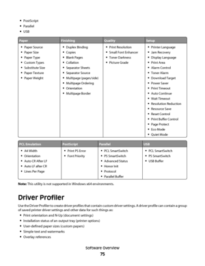 Page 75PostScript
Parallel
USB
PaperFinishingQualitySetup
Paper Source
Paper Size
Paper Type
Custom Types
Substitute Size
Paper Texture
Paper Weight
Duplex Binding
Copies
Blank Pages
Collation
Separator Sheets
Separator Source
Multipage (pages/side)
Multipage Ordering
Orientation
Multipage Border
Print Resolution
Small Font Enhancer
Toner Darkness
Picture Grade
Printer Language
Jam Recovery
Display Language
Print Area
Alarm Control
Toner Alarm
Download Target
Power Saver
Print Timeout
Auto Continue
Wait...