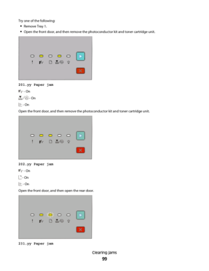 Page 99Try one of the following:
Remove Tray 1.
Open the front door, and then remove the photoconductor kit and toner cartridge unit.
201.yy Paper jam
 - On
 - On
 - On
Open the front door, and then remove the photoconductor kit and toner cartridge unit.
202.yy Paper jam
 - On
 - On
 - On
Open the front door, and then open the rear door.
231.yy Paper jam
Clearing jams
99
 