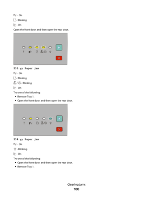 Page 100 - On
 - Blinking
 - On
Open the front door, and then open the rear door.
233.yy Paper jam
 - On
 - Blinking
 - Blinking
 - On
Try one of the following:
Remove Tray 1.
Open the front door, and then open the rear door.
234.yy Paper jam
 - On
 - Blinking
 - On
Try one of the following:
Open the front door, and then open the rear door.
Remove Tray 1.
Clearing jams
100
 