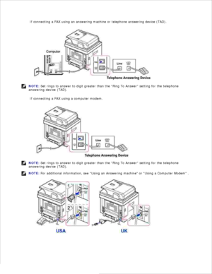 Page 19If connecting a FAX using an answering machine or telephone answering device (TAD).
NOTE: Set rings to answer to digit greater than the Ring To Answer  setting for the telephone
answering device (TAD).
If connecting a FAX using a computer modem.
NOTE: Set rings to answer to digit greater than the Ring To Answer  setting for the telephone
answering device (TAD).
NOTE: For additional information, see Using an Answering machine  or Using a Computer Modem  . 