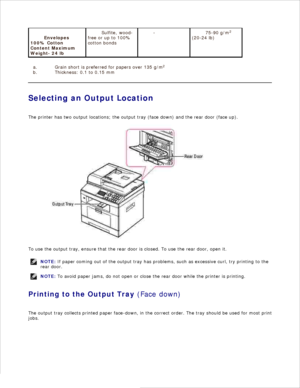 Page 64Envelopes
100% Cotton
Content Maximum
Weight- 24 lb
Sulfite, wood-
free or up to 100%
cotton bonds
- 75-90 g/m2
(20-24 lb)
Grain short is preferred for papers over 135 g/m 2
a.
Thickness: 0.1 to 0.15 mm
b.
Selecting an Output Location
The printer has two output locations; the output tray (face down) and the rear door (face up).
To use the output tray, ensure that the rear door is closed. To use the rear door, open it.
NOTE: If paper coming out of the  output tray has problems, such as excessive curl,...