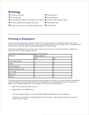 Page 75Printing
Printing a Document Printing Posters
Printer Settings Printing Booklets
Printing Multiple Pages on One Sheet of the Paper Printing on Both Sides of Paper
Printing a Reduced or Enlarged Document Using Watermarks
Fitting Your Document to a Selected Paper Size Using Overlays
 
Printing a Document
Your printer prints documents using the Printer Control Language (PCL) or PostScript (PS) printer driver.
When you install the Dell software, your printer automatically installs the PCL printer driver....