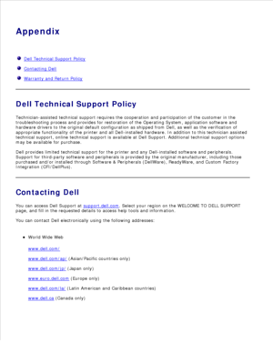 Page 168Appendix
  Dell Technical Support Policy
  Contacting Dell
  Warranty and Return Policy
Dell Technical Support Policy
Technician-assisted technical support requires the cooperation and participation of the customer in the
troubleshooting process and provides for restoration of the Operating System, application software and
hardware drivers to the original default configuration as shipped from Dell, as well as the verification of
appropriate functionality of the printer and all Dell-installed hardware. In...