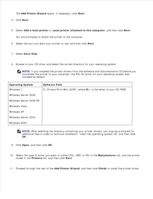 Page 64The Add Printer Wizard  opens. If necessary, click  Next.
3.
Click  Next.
4.
Select  Add a local printer  or  Local printer attached to this computer , and then click Next.
You are prompted to attach the printer to the computer.
5.
Select the port you want your printer to use, and then click  Next.
6.
Select  Have Disk .
7.
Browse to your CD drive, and select the correct directory for your operating system.
NOTE: If you installed the printer drivers from the  Software and Documentation CD before you...