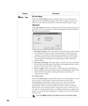 Page 109108
Property Description
Fo n t  /   Tex tAll Text Black
When the All Text Black option is checked, all text in your document is 
allowed to print solid black, regardless of the color it appears on the screen. 
When it is not checked, colored text is allowed to print in shades of gray.
Advanced
True Type Options determines what the driver tells the printer about how to 
image the text in your document. Select the appropriate setting according to 
the status of your document.
•Download as Outline: When...