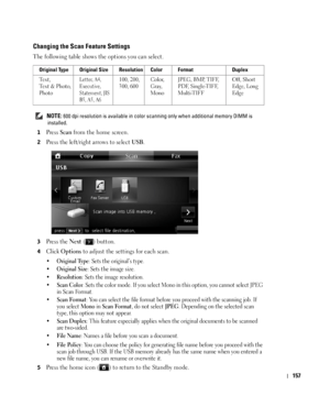 Page 158157
Changing the Scan Feature Settings
The following table shows the options you can select.
 NOTE: 600 dpi resolution is available in color scanning only when additional memory DIMM is 
installed.
1
Press Scan from the home screen.
2Press the left/right arrows to select USB.
3Press the Next ( ) button.
4Click Options to adjust the settings for each scan.
•
Original Type: Sets the original’s type.
•Original Size: Sets the image size.
•Resolution: Sets the image resolution.
•Scan Color: Sets the color...