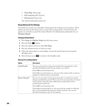 Page 209208
•Demo Page: Demo page
•
PCL Font List: PCL Font list
•
PS Font List: PS Font list
The selected information prints out.
Using Advanced Fax Settings
Your printer has various user-selectable setting options for sending or receiving faxes. These 
options are preset at the factory, but you may need to change them. To find out how the 
options are currently set, print the System Data list. For details about printing the list, see 

Printing a Report.
Changing Setting Options
1Press Setup  Machine Setup...