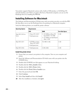 Page 215214
Your printer supports Macintosh systems with a built-in USB interface or 10/100 Base-TX 
network interface card. When you print a file from a Macintosh computer, you can use the 
PostScript driver by installing the PPD file. 
Installing Software for Macintosh
The Software and Documentation CD that came with your printer provides you with the PPD 
file that allows you to use the PostScript driver, for printing on a Macintosh computer. 
Verify the following before you install the printer software:...