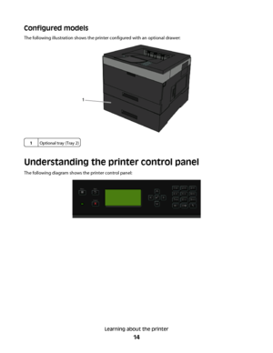 Page 14Configured models
The following illustration shows the printer configured with an optional drawer:
1Optional tray (Tray 2)
Understanding the printer control panel
The following diagram shows the printer control panel:
Learning about the printer
14
 