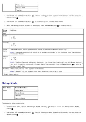 Page 301.  Use  the left  and  right   Arrow buttons   until the heading you want  appears on the display, and  then  press  the
Select  button 
.
2 .  Use  the left  and  right   Arrow buttons 
  to  scroll through the available  menu  items.
3 .  When  the setting  you want  appears on the display, press  the  Select button 
 to  save the setting.
Setup Mode
To access  the Setup  mode menu:
1.  From the main menu,  use the left  and  right   Arrow buttons 
  to  scroll to   SETUP,  and  then  press  the...