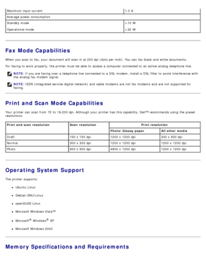 Page 118Fax Mode Capabilities
When  you scan  to  fax, your  document will scan  in at 200 dpi  (dots  per inch). You  can  fax black  and  white documents.
For  faxing to  work  properly, the printer must  be able  to  access  a  computer  connected to  an active analog  telephone line.
Print and Scan Mode Capabilities
Your  printer can  scan  from  72  to  19,200 dpi. Although your  printer has  this capability, Dell™ recommends using  the preset
resolutions.
Operating System Support
The  printer supports:...