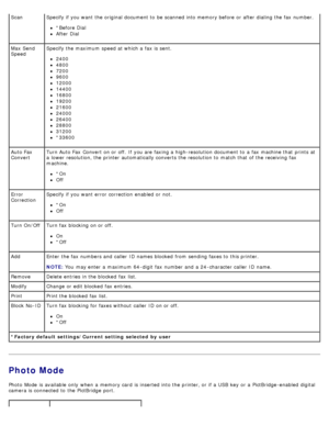 Page 44Photo Mode
Photo  Mode  is available  only  when  a  memory card  is inserted into the printer, or if a  USB  key  or a  PictBridge -enabled  digital
camera is connected to  the PictBridge  port.
*Factory default settings/Current setting  selected  by  user
ScanSpecify if you want  the original document to  be scanned into memory before or after dialing the fax number.
*Before Dial
After Dial
Max Send
Speed Specify the maximum  speed at which a  fax is sent.
2400
4800
7200
9600
12000
14400
16800
19200...