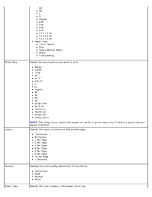 Page 49A5
A6
L
2L
Hagaki
3x5”
4x6”
4x8”
5x7”
10  x  15  cm
10  x  20  cm
13  x  18  cm
Paper  Type
*Auto Detect
Plain
Heavy Weight  Matte
Photo
Transparency
Photo  Size Select the size of photos you want  to  print.
Wallet
3.5X5”
*4x6”
5x7”
8x10”
8.5x11”
L
2L
Hagaki
A6
A5
B5
A4
60x80 mm
9x13 cm
10x15 cm
13x18 cm
20x25 cm
Using Layout
NOTE:  The  Using Layout option will appear on the list of photo  sizes  only  if there is a  photo  size and
layout  mismatch.
Layout Specify the layout  of photos on the printed...
