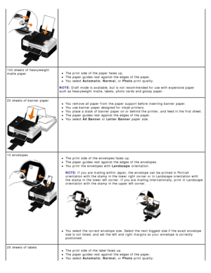 Page 60100 sheets  of heavyweight
matte paperThe  print  side  of the paper faces  up.
The  paper guides  rest  against the edges of the paper.
You  select Automatic , Normal ,  or Photo  print  quality.
20  sheets  of banner  paper
You  remove all paper from  the paper support before inserting banner  paper.
You  use banner  paper designed for inkjet printers.
You  place  a  stack of banner  paper on or behind the printer, and  feed in the first sheet.
The  paper guides  rest  against the edges of the paper....