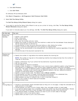 Page 156®
b.  Click   Dell  Printers .
c .  Click   Dell  V505 .
For  Windows XP and  Windows 2000 :
Click   Start ® Programs  or All Programs ® Dell  Printers ® Dell  V505 .
2 .  Select  Dell  Fax Setup Utility .
The   Dell  Fax Setup Utility Wizard  Query  dialog  box opens.
3 .  If  you want  to  use the Fax  Setup  Utility  Wizard  to  set  up  your  printer for faxing,  click   Yes.  The   Fax Setup Utility
Wizard  Welcome  dialog  box opens.
If  you want  to  manually adjust  your  fax settings, click...