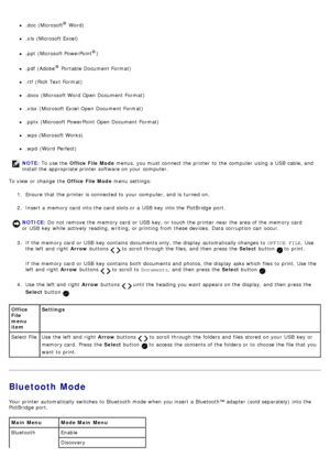 Page 29.doc  (Microsoft® Word)
.xls  (Microsoft Excel)
.ppt  (Microsoft PowerPoint®)
.pdf (Adobe® Portable Document Format)
.rtf (Rich Text  Format)
.docx (Microsoft Word Open Document Format)
.xlsx  (Microsoft Excel  Open Document Format)
.pptx  (Microsoft PowerPoint Open Document Format)
.wps (Microsoft Works)
.wpd  (Word  Perfect)
To view  or change  the  Office File Mode menu  settings:
1 .  Ensure  that  the printer is connected to  your  computer, and  is turned on.
2 .  Insert a  memory card  into the...