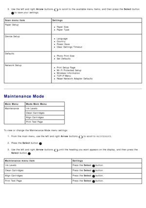 Page 313.  Use  the left  and  right   Arrow buttons   to  scroll to  the available  menu  items, and  then  press  the  Select button 
 to  save your  settings.
Maintenance Mode
To view  or change  the Maintenance Mode  menu  settings:
1.  From the main menu,  use the left  and  right   Arrow buttons 
  to  scroll to   MAINTENANCE .
2 .  Press  the  Select button 
.
3 .  Use  the left  and  right   Arrow buttons 
  until the heading you want  appears on the display, and  then  press  the
Select  button 
.
Scan...