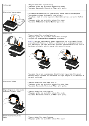 Page 35matte paperThe  print  side  of the paper faces  up.
The  paper guides  rest  against the edges of the paper.
You  select Automatic , Normal ,  or Photo  print  quality.
20  sheets  of banner  paper
You  remove all paper from  the paper support before inserting banner  paper.
You  use banner  paper designed for inkjet printers.
You  place  a  stack of banner  paper on or behind the printer, and  feed in the first
sheet.
The  paper guides  rest  against the edges of the paper.
You  select  A4 Banner  or...