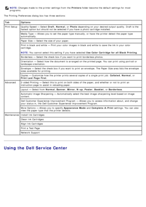 Page 7The  Printing  Preferences dialog  box has  three sections:
Using the Dell Service Center
NOTE: Changes made to  the printer settings from  the Printers folder become the default settings for most
programs.
Tab Options
Print Setup Quality/Speed — Select  Draft, Normal ,  or Photo  depending on your  desired output quality.  Draft is the
fastest option but should not be selected if you have  a  photo  cartridge installed.
Media  Type  — Allows  you to  set  the paper type manually,  or have  the printer...