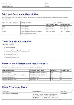 Page 76Print and Scan Mode Capabilities
Your  printer can  scan  from  72  to  19,200 dpi. Although your  printer has  this capability, Dell™ recommends using  the
preset resolutions.
Operating System Support
The  printer supports:
Windows Vista™
Microsoft® Windows® XP Professional  x64
Microsoft Windows XP
Microsoft Windows 2000
Memory Specifications and Requirements
Your  operating  system  must  meet the minimum system  requirements.
Media Types and Sizes
Standby mode
Operational mode
11  W
22.5  W
Print and...