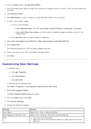 Page 923. From the Home screen, click  My  Photo  Album.
4.  From the Folders pane, open the folder that  contains  the image you want  to  convert  to  PDF, and  then  select the
thumbnail.
5 .  Click   Convert to PDF .
6 .  Click   Add  Another  to  scan  an image or to  add  additional images  from  the Library.
7 .  To add  or scan  another image:
a.  Do one  of the following:
Select  Add  New Scan ,  and  then  select  Photo, Several  Photos ,  or Document .  Click  Start.
Select  Add  Photo  from Library...