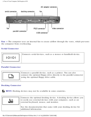 Page 12A Tour of Your Computer: Dell Inspiron 4150 
 
Fan — The computer uses an internal fan to create airflow through the vents, \
which prevents 
the computer from overheating.
Serial Connector 
  Connects serial devices, such as a mouse or handheld device.
Parallel Connector 
  Connects a parallel device, such as a printer. You can also 
connect the optional floppy drive directly to the parallel connector 
using the optional floppy drive cable.
Docking Connector 
HINT: Docking devices may not be available...