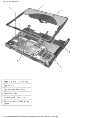 Page 139Palm Rest: Dell Inspiron 4150 
 
1 M2 x 3-mm screws (3)
2 palm rest
3 palm-rest flex cable
4 bottom case
5 touch pad connector
6 back center of the palm 
rest
file:///F|/Service%20Manuals/Dell/Inspiron/4150/palmrest.htm (3 of 4) \
[2/28/2004 7:29:45 AM] 