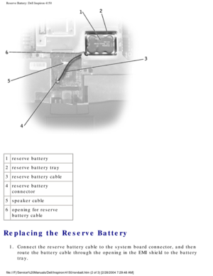 Page 153Reserve Battery: Dell Inspiron 4150 
 
1 reserve battery
2 reserve battery tray
3 reserve battery cable
4 reserve battery 
connector
5 speaker cable
6 opening for reserve 
battery cable
Replacing the Reserve Battery 
1.  Connect the reserve battery cable to the system board connector, and the\
n 
route the battery cable through the opening in the EMI shield to the bat\
tery 
tray. 
file:///F|/Service%20Manuals/Dell/Inspiron/4150/rsrvbatt.htm (2 of 3) \
[2/28/2004 7:29:48 AM] 