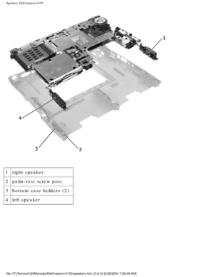 Page 157Speakers: Dell Inspiron 4150 
 
1 right speaker
2 palm-rest screw post
3 bottom case holders (2)
4 left speaker
file:///F|/Service%20Manuals/Dell/Inspiron/4150/speakers.htm (3 of 6) \
[2/28/2004 7:29:49 AM] 