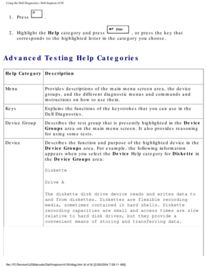 Page 65Using the Dell Diagnostics: Dell Inspiron 4150 
1.  Press  . 
2.  Highlight the Help category and press 
 , or press the key that 
corresponds to the highlighted letter in the category you choose. 
Advanced Testing Help Categories 
Help Category Description
Menu Provides descriptions of the main menu screen area, the device 
groups, and the different diagnostic menus and commands and 
instructions on how to use them.
Keys Explains the functions of the keystrokes that you can use in the 
Dell...