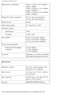 Page 72Specifications: Dell Inspiron 4150 
Maximum resolutions1024 x 768 at 16.8 million 
colors (XGA) 
1400 x 1050 at 16.8 million 
colors (SXGA+)
1600 x 1200 at 16.8 million 
colors (UXGA)
Response time (typical) 20-ms rise (maximum),
30-ms fall (maximum)
Refresh rate 60 Hz
Operating angle 0º (closed) to 180°
Viewing angles:  
Horizontal ±40°
Vertical +10°/–30°
Pixel pitch 0.28 x 0.28 mm (XGA)
0.20 x 0.20 mm (SXGA+)
0.18 x 0.18 mm (UXGA)
Power Consumption:  
Panel with backlight 
(typical) 6.5 W (XGA)
7.0 W...