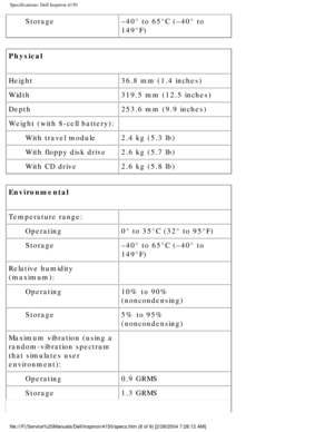 Page 75Specifications: Dell Inspiron 4150 
Storage–40° to 65°C (–40° to 
149°F)
Physical
Height 36.8 mm (1.4 inches)
Width 319.5 mm (12.5 inches)
Depth 253.6 mm (9.9 inches)
Weight (with 8-cell battery):  
With travel module 2.4 kg (5.3 lb)
With floppy disk drive 2.6 kg (5.7 lb)
With CD drive 2.6 kg (5.8 lb)
Environmental 
Temperature range:  
Operating 0° to 35°C (32° to 95°F)
Storage –40° to 65°C (–40° to 
149°F)
Relative humidity 
(maximum):  
Operating 10% to 90% 
(noncondensing)
Storage 5% to 95%...