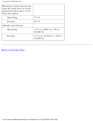 Page 76Specifications: Dell Inspiron 4150 
Maximum shock (measured 
with the hard drive in head-
parked position and a 2-ms 
half-sine pulse): 
Operating 122 G
Storage 163 G
Altitude (maximum):  
Operating –15.2 to 3048 m (–50 to 
10,000 ft)
Storage –15.2 to 10,668 m (–50 to 
35,000 ft)
Back to Contents Page
 
file:///F|/Service%20Manuals/Dell/Inspiron/4150/specs.htm (9 of 9) [2/\
28/2004 7:28:12 AM] 